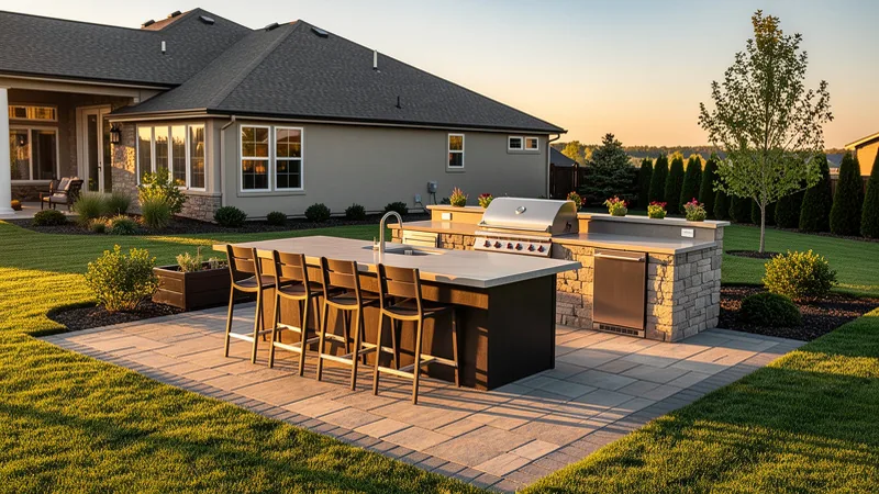 Full outdoor kitchen with bar seating on a suburban patio in Blue Springs, MO