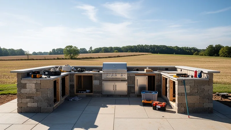 Outdoor kitchen construction on a spacious rural-style property in Grain Valley, MO