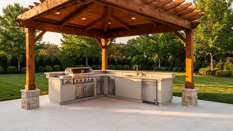 Full outdoor kitchen with covered structure in a Greenwood, MO backyard
